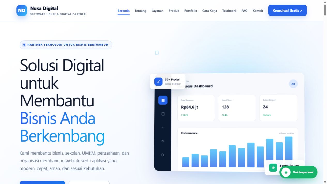 Tampilan awal landing page perusahaan Nusa Digital